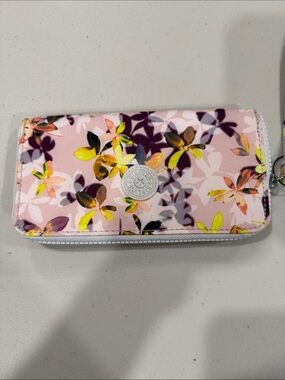Kipling Pink Floral Zip-Around Wallet with Yellow Accents